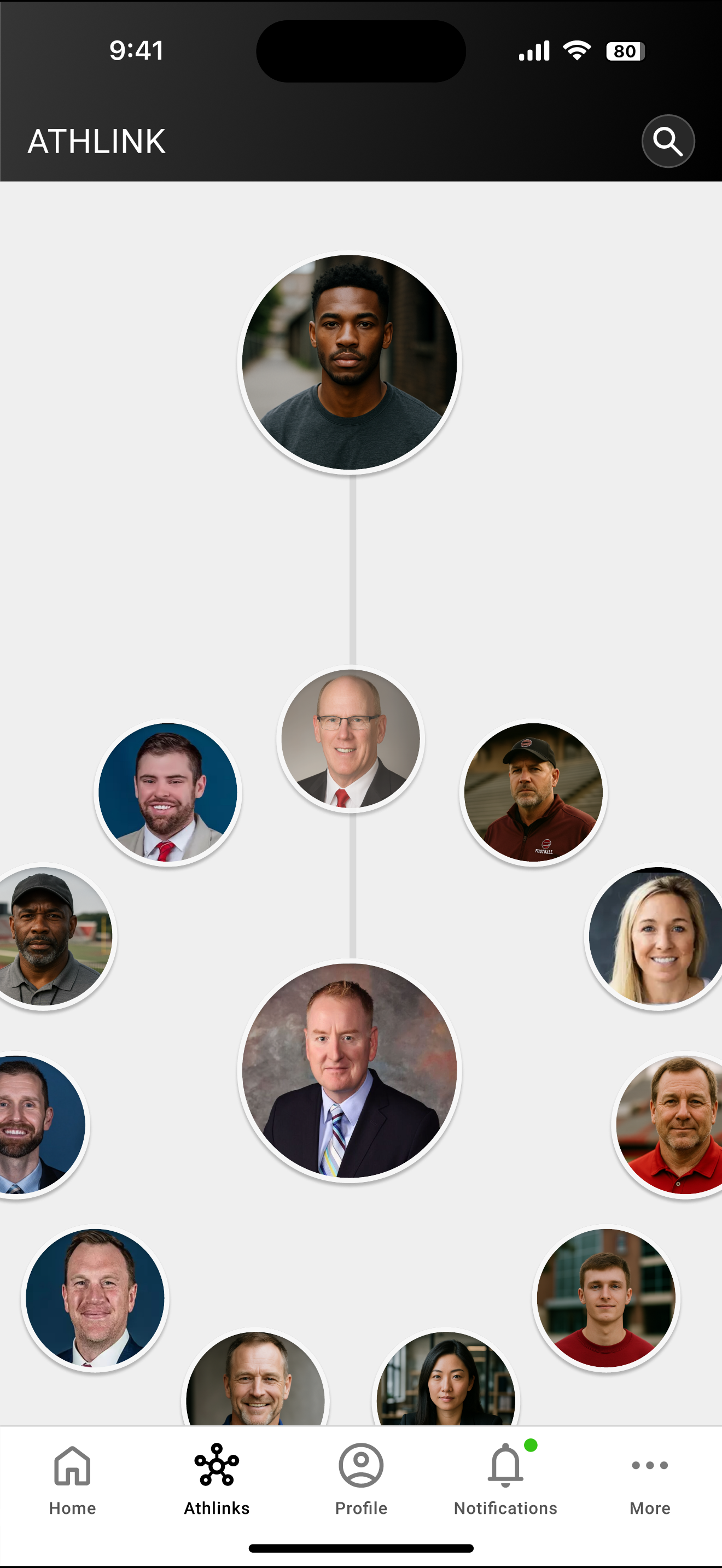 AthLink connection graph — a member at the center linked to a web of coaches, recruiters, and teammates