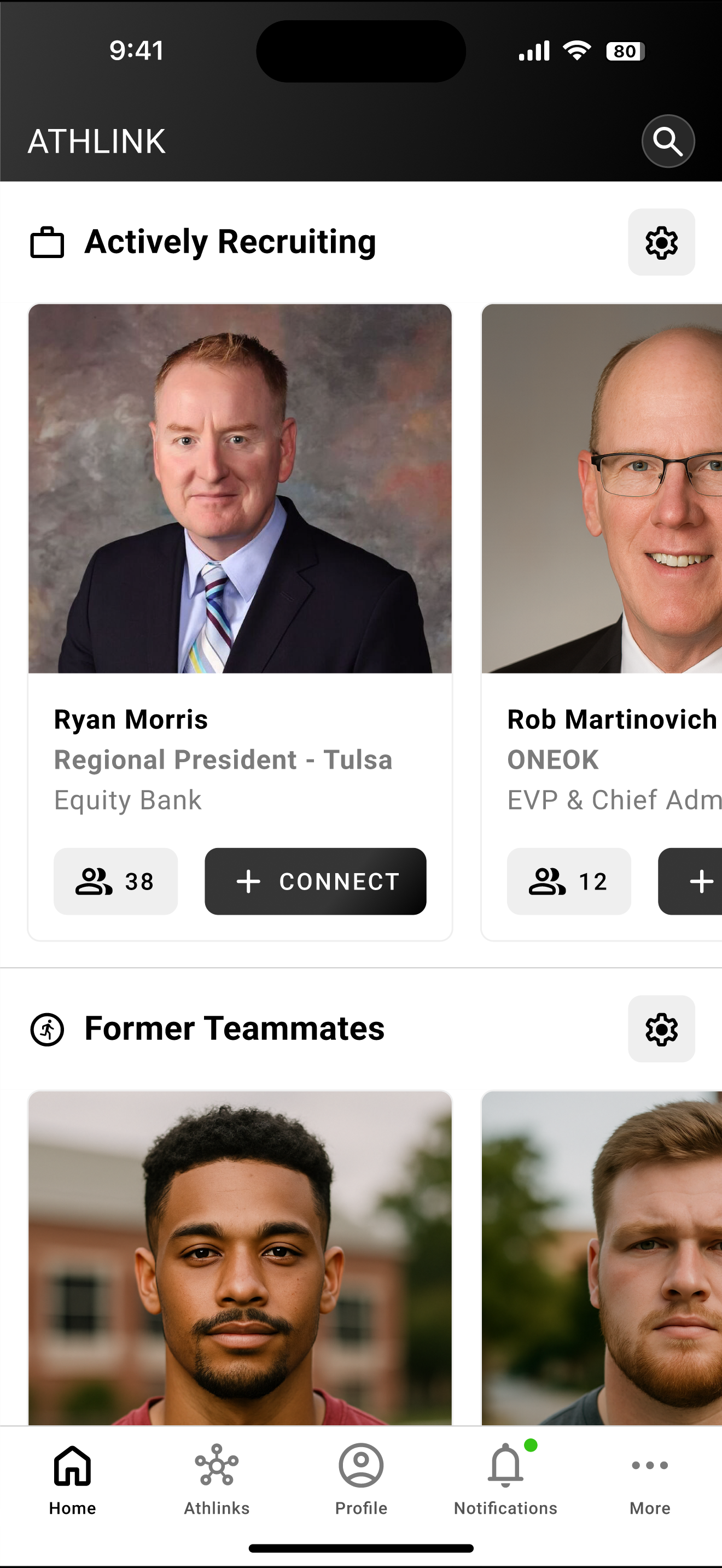 AthLink home screen showing 'Actively Recruiting' and 'Former Teammates' connection cards