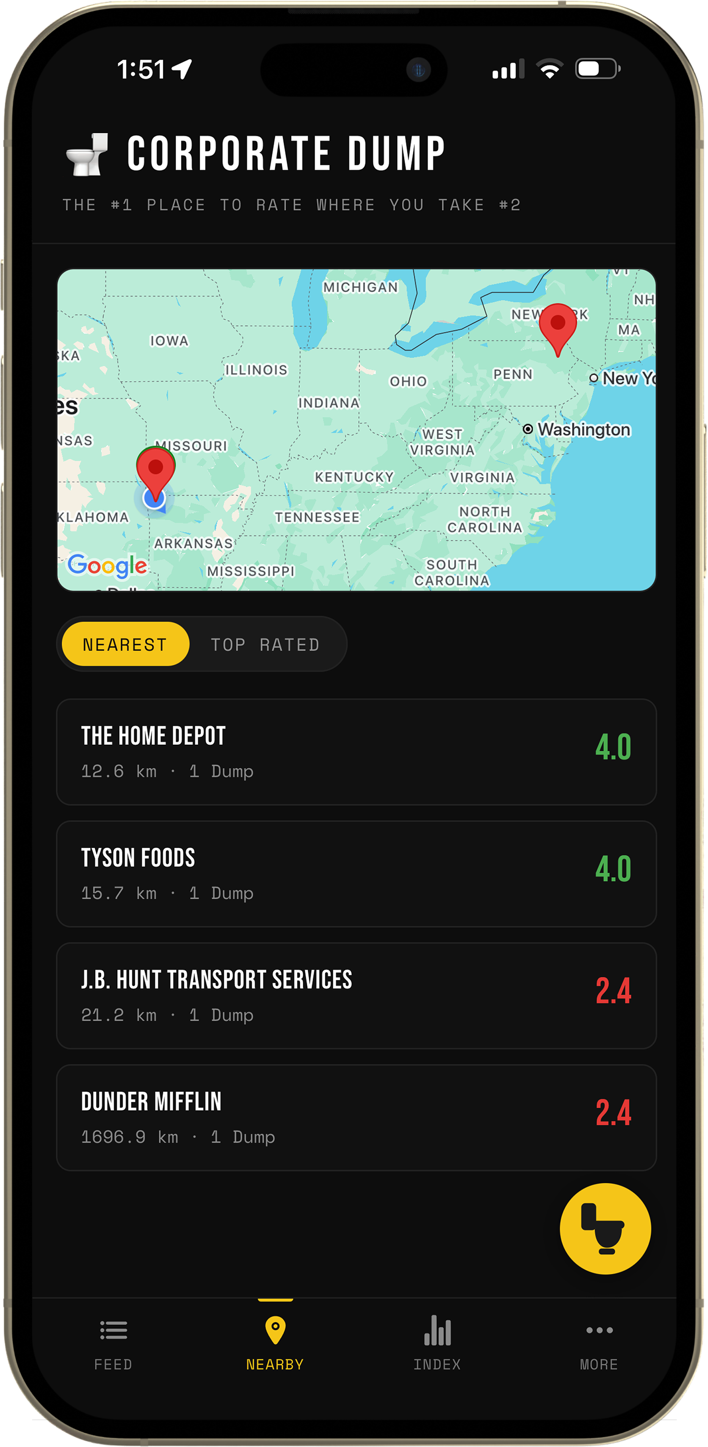 Nearby tab — a map of pinned facilities above a distance-sorted list of companies and their scores