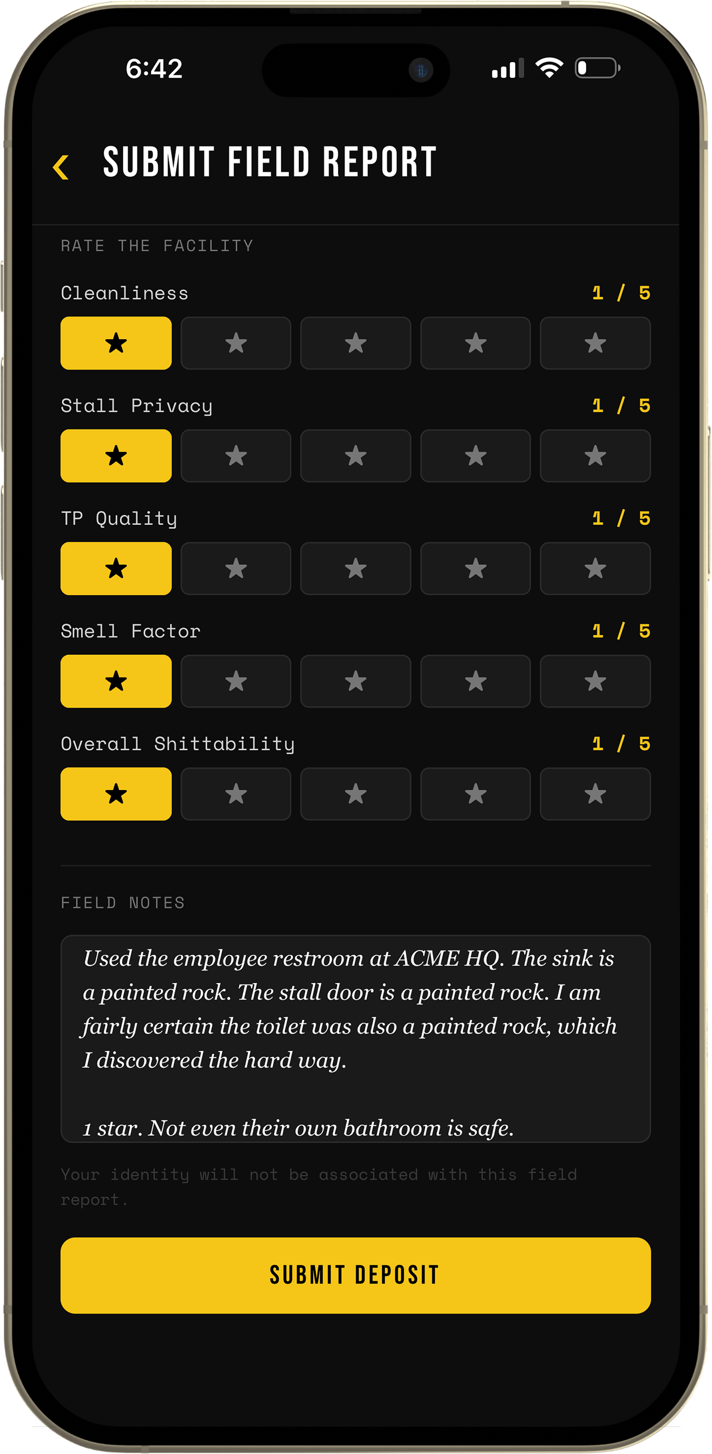 Submit Field Report, lower part of the form — the rating categories above the field notes area and the Submit Deposit button