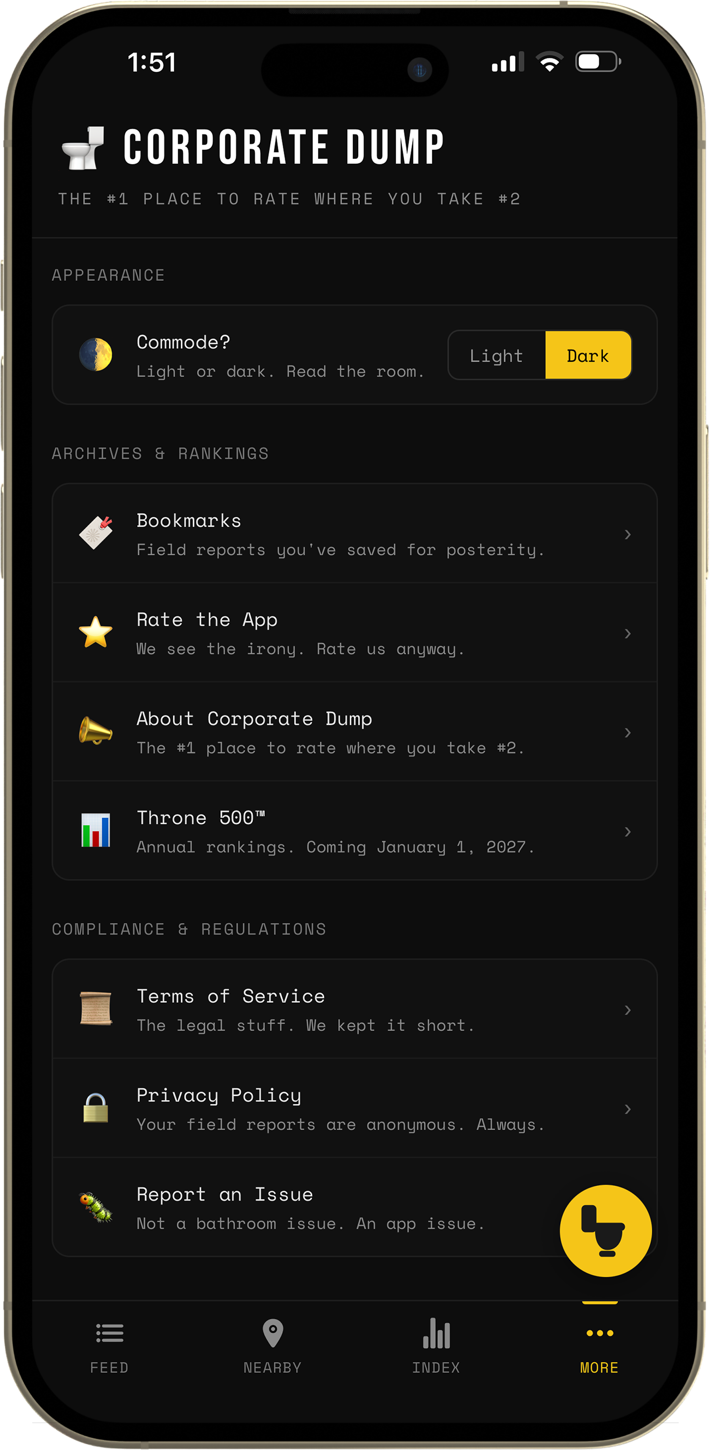 The More tab in dark mode — the Commode? toggle set to Dark, above archives, rankings, and compliance links