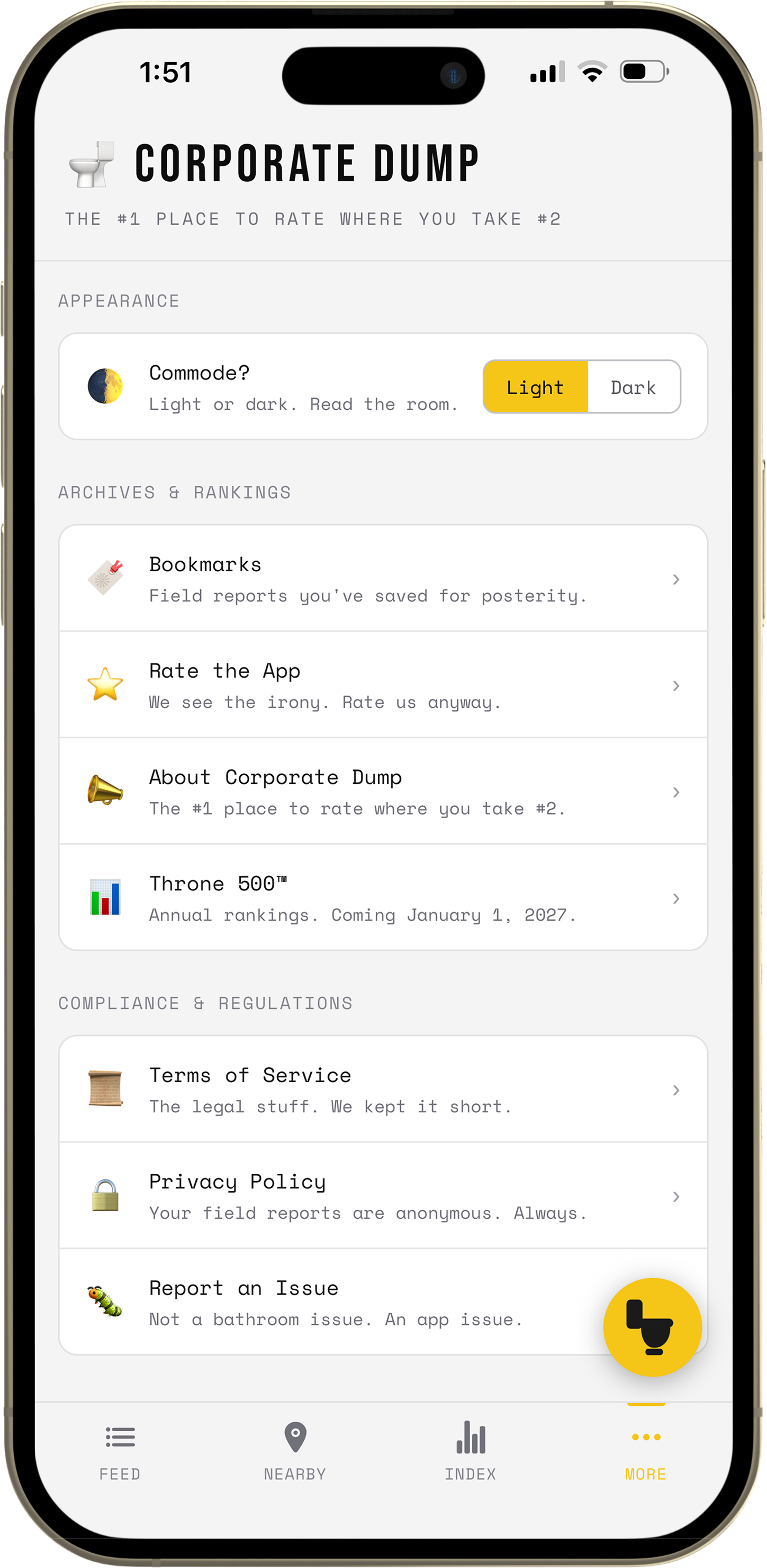 The same More tab in light mode with the Commode? toggle set to Light, showing the parallel palette
