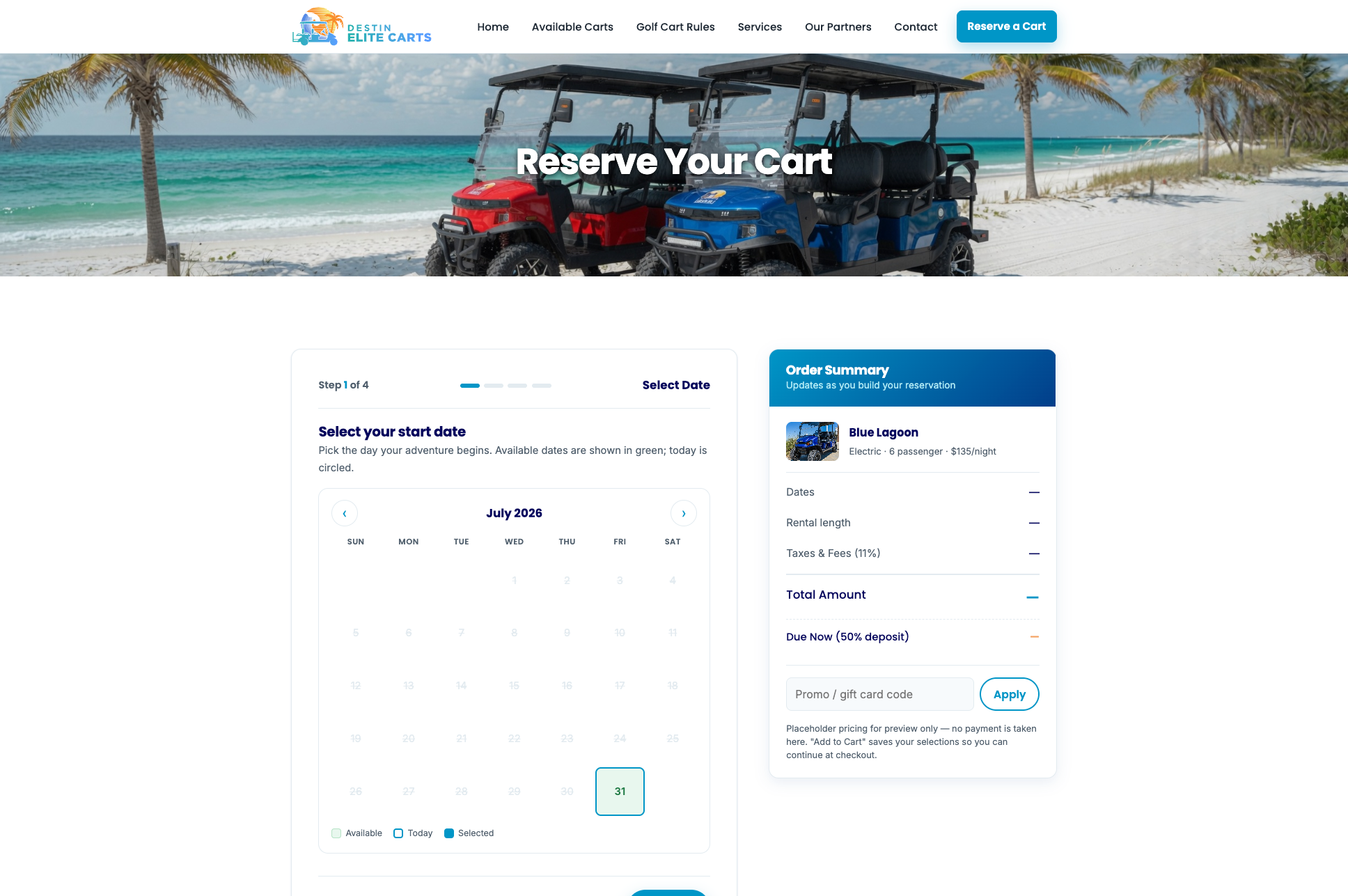 Step 1 of the custom booking flow — a date calendar beside the live Order Summary sidebar