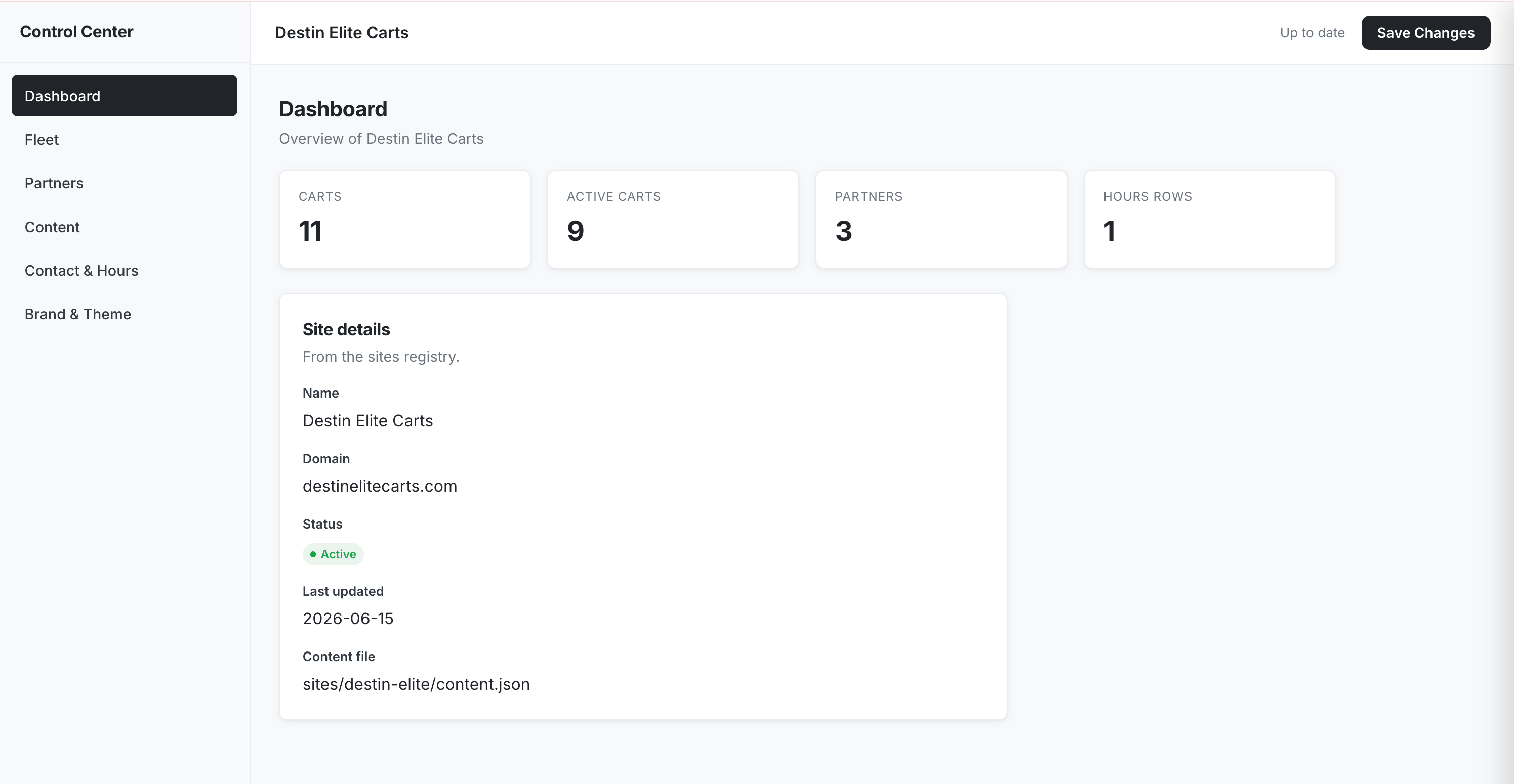 Control Center dashboard — counts for carts, active carts, partners, and hours rows above a site details panel