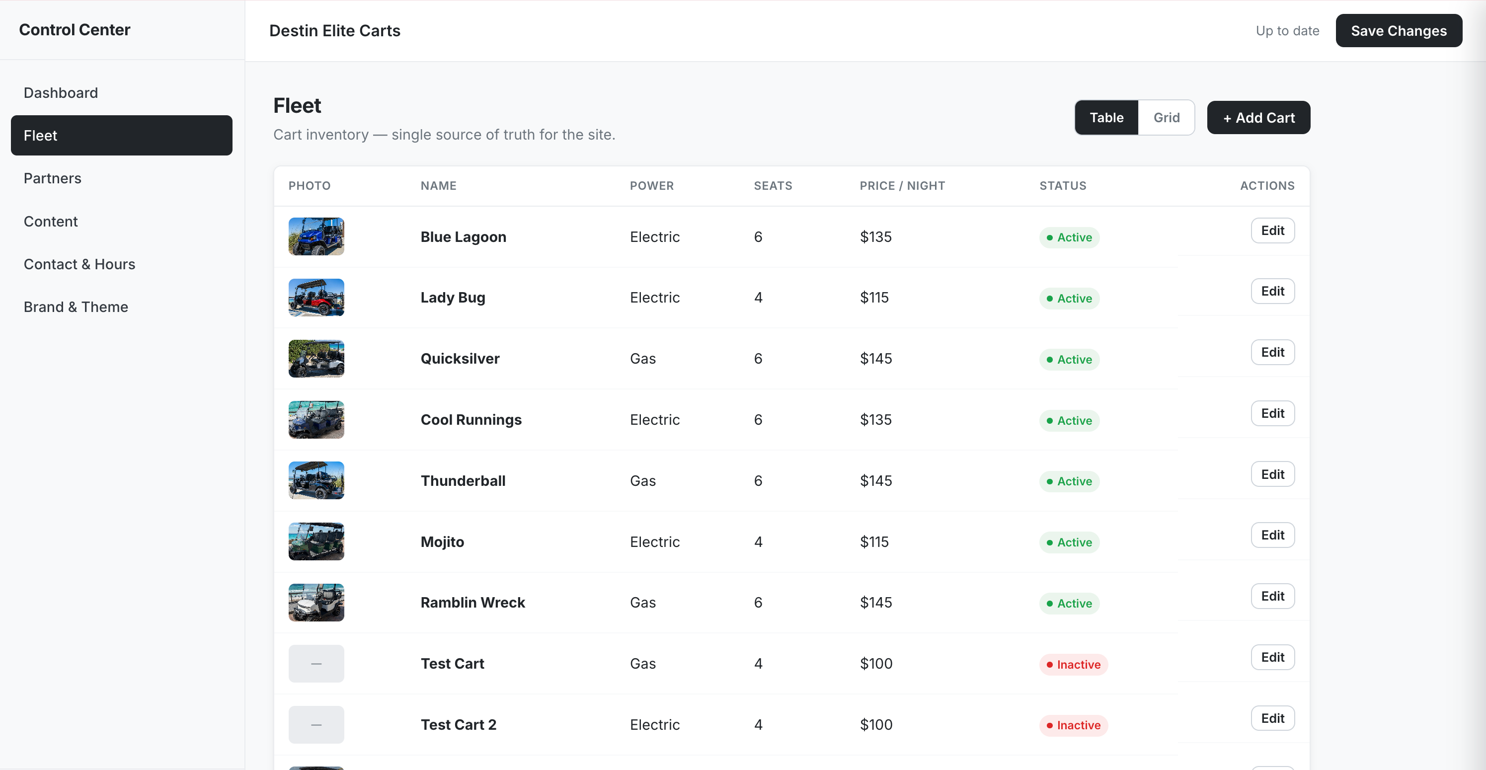 Fleet manager — table of carts with photo, power type, seats, nightly price, and color-coded status badges