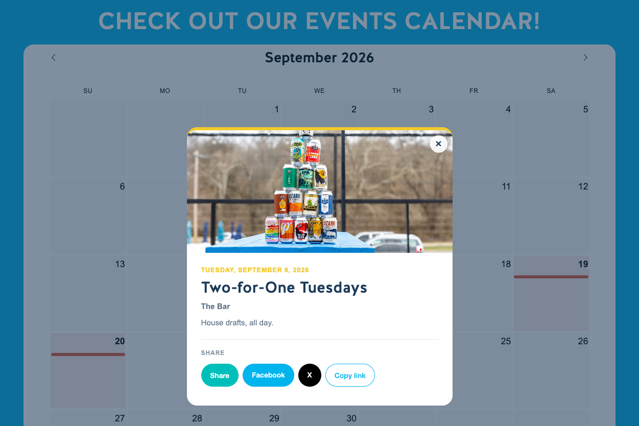 A shared event link opening directly to that event on the live site — the Two-for-One Tuesdays card open over the dimmed events calendar with Share, Facebook, X, and Copy link actions