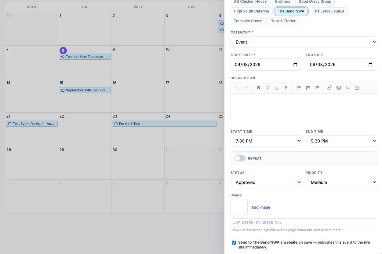 A marketing calendar item with The Bend NWA selected and a checked "Send to The Bend NWA's website on save" box — the explicit opt-in that pushes the event to the live site