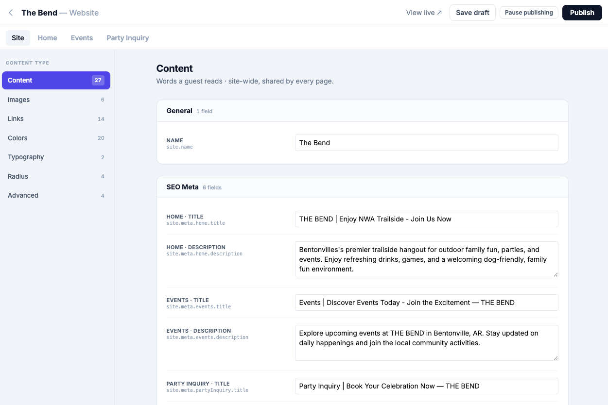 The editor on the Site tab — a content-type sidebar listing Content, Images, Links, Colors, Typography, Radius, and Advanced beside the site-wide fields for site name and the per-page SEO titles and descriptions