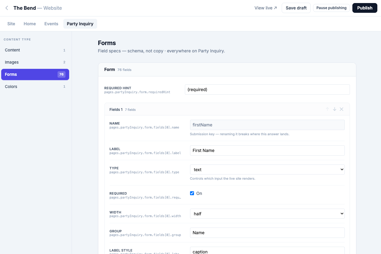 The same editor on the Party Inquiry tab — the content-type sidebar narrowed to Content, Images, Forms, and Colors, beside that page's form field specs for first name: submission key, label, type, required, width, and group