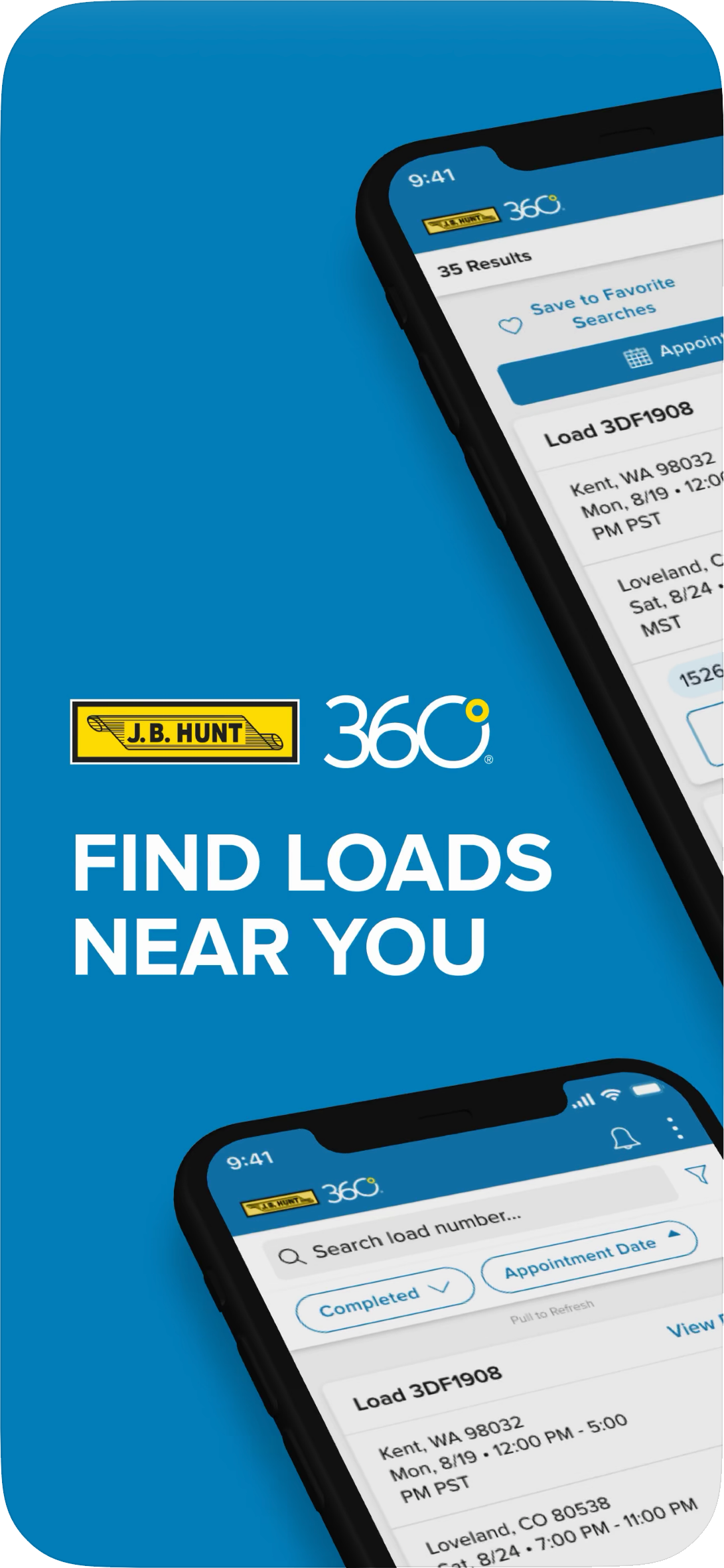 Carrier 360 "Find loads near you" — two phones showing the load board with search results, appointment dates, and a save-to-favourites action