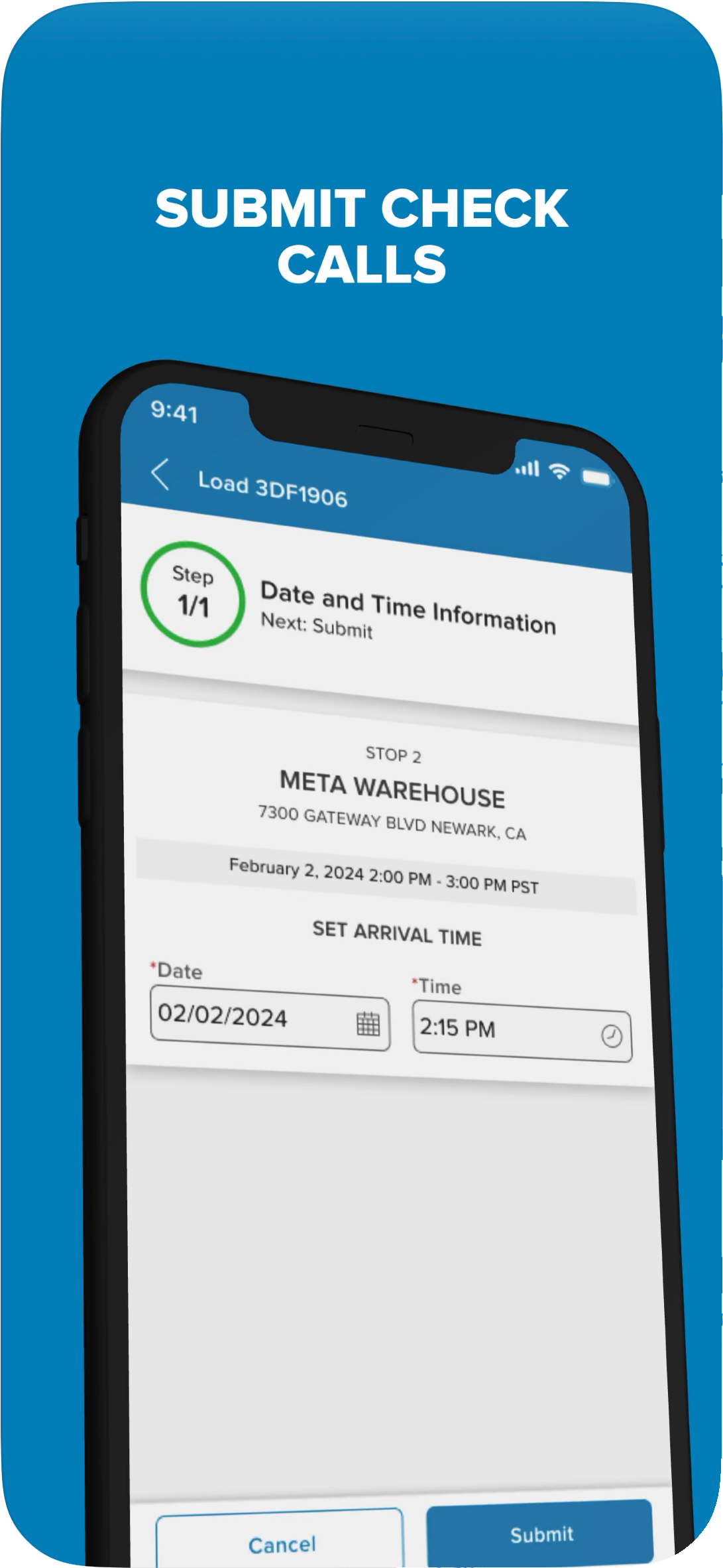 Carrier 360 "Submit check calls" — the step-guided check call form for Stop 2 at Meta Warehouse, with date and arrival time fields