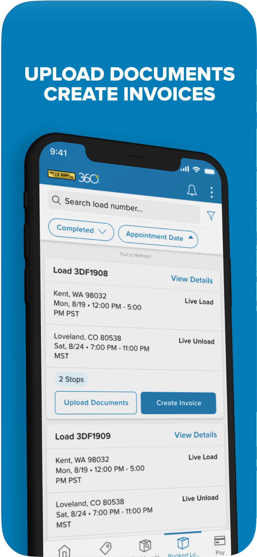 Carrier 360 "Upload documents, create invoices" — booked loads with Upload Documents and Create Invoice actions on each card