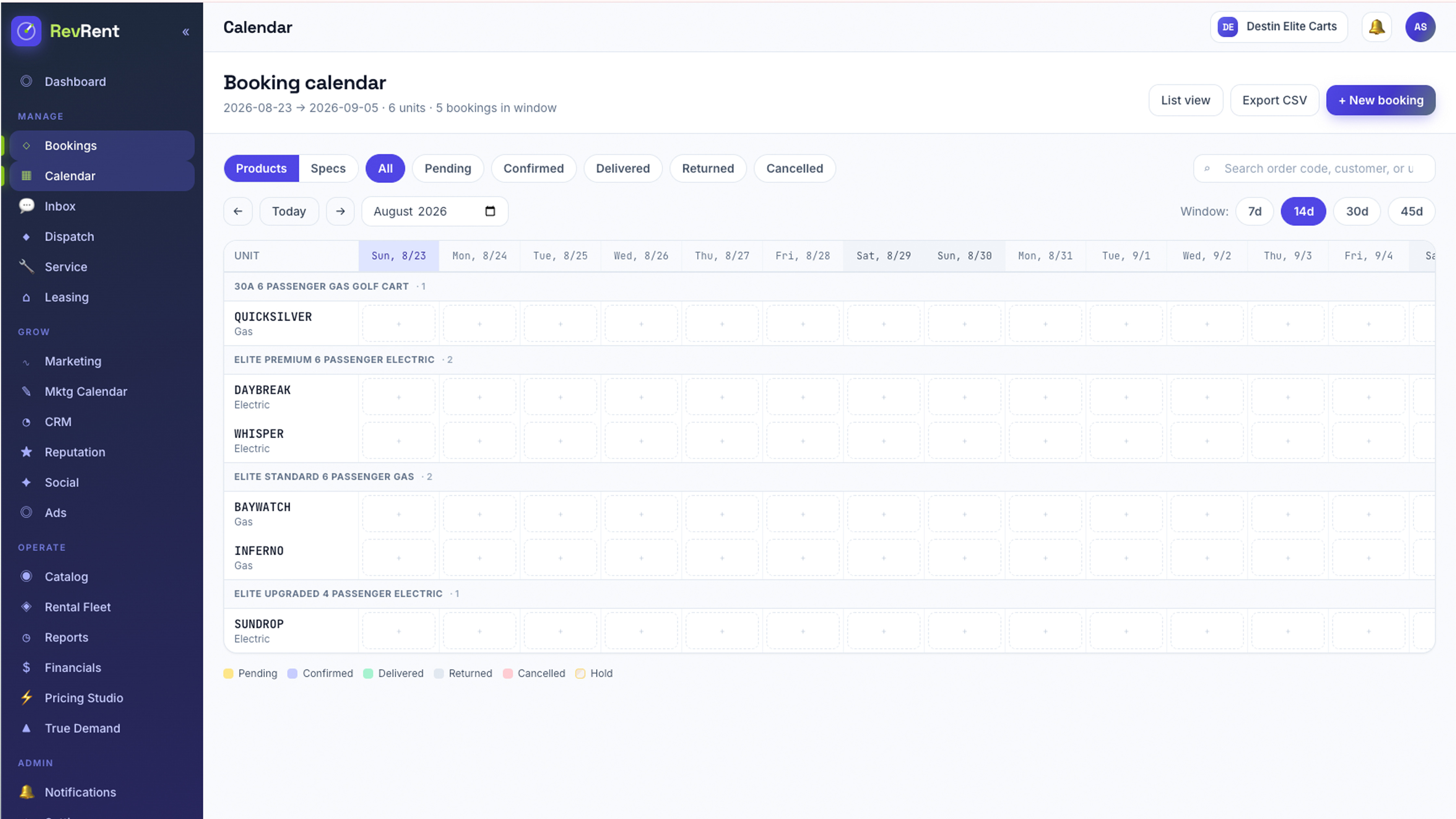 Booking calendar — the same booking data in calendar form, reached from the List view toggle, with a Products and Specs track, status chips, and a 7, 14, 30, and 45 day window switch above rental units grouped by product