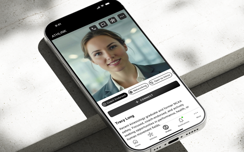 An AthLink athlete profile on a phone — a member photo above trust badges for coach endorsement, networking, and open-to-offers status, with a Connect action and bottom tab navigation