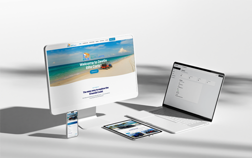 The Destin Elite Carts site across four devices — a desktop monitor showing the beach hero and "Welcome to Destin Elite Carts", a laptop showing the CMS inventory table, plus phone and tablet views