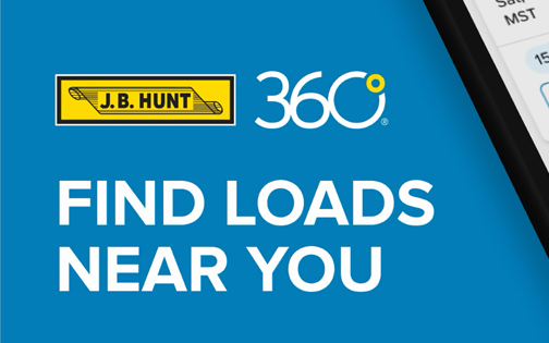 Carrier 360 "Find loads near you" — the J.B. Hunt 360 logo on blue beside the edge of a phone showing dated load board results