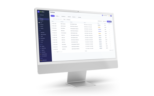 The RevRent Bookings list — status filter chips carrying count badges above a table of bookings by order, customer, product, dates, status, and total, beside the product's left navigation